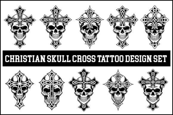 Christian Skull Cross Tattoo Design Set: Gothic Graphics